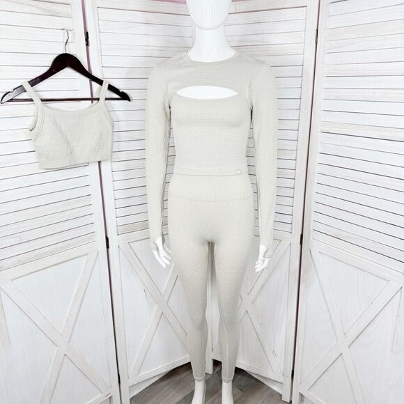 JoyLab Textured Seamless Three Piece Top Bra Leggings Set Beige Tan Small XS - Picture 1 of 14